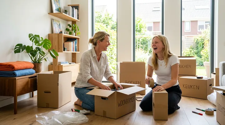 Een moeder en haar volwassen dochter pakken lachend verhuisdozen in